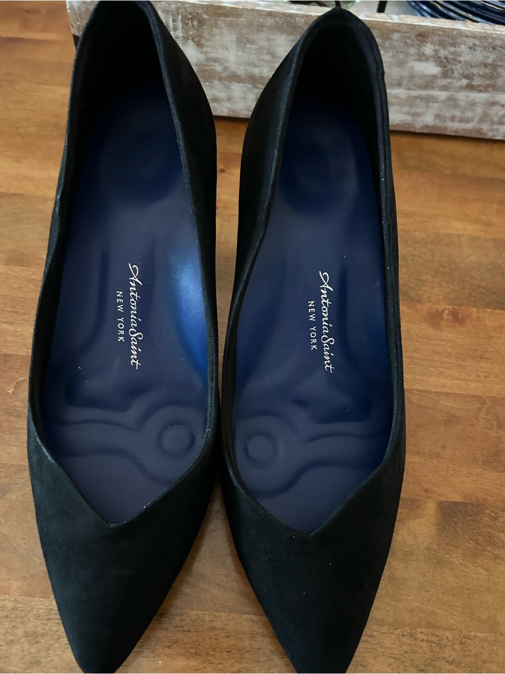 Antonia Saint Black Suede Pointed-Toe Women's Heels with Navy Insole